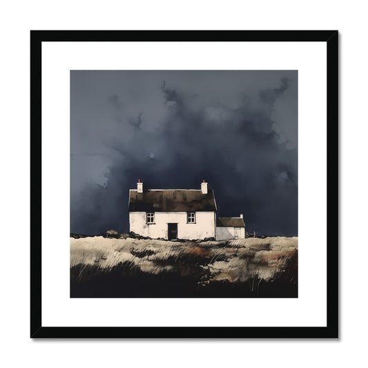 Framed artwork depicting a isolated cottage on a moor with a stormy sky in the background.